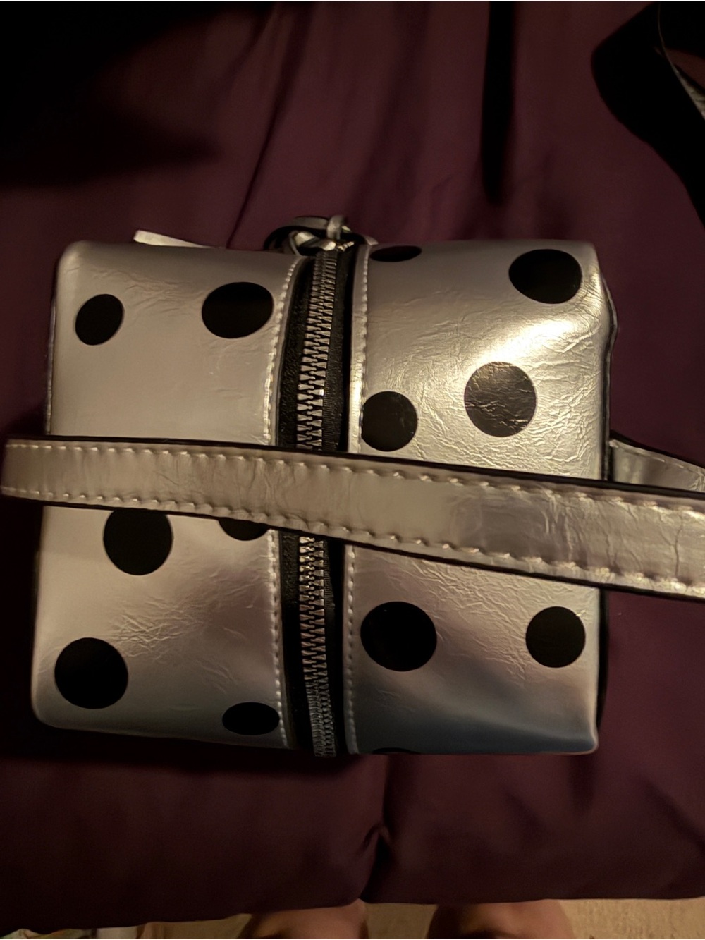 Silver Polka Dot Box Bag Retro Mod Top Handle Crossbody Satchel - Picture 7 of 13